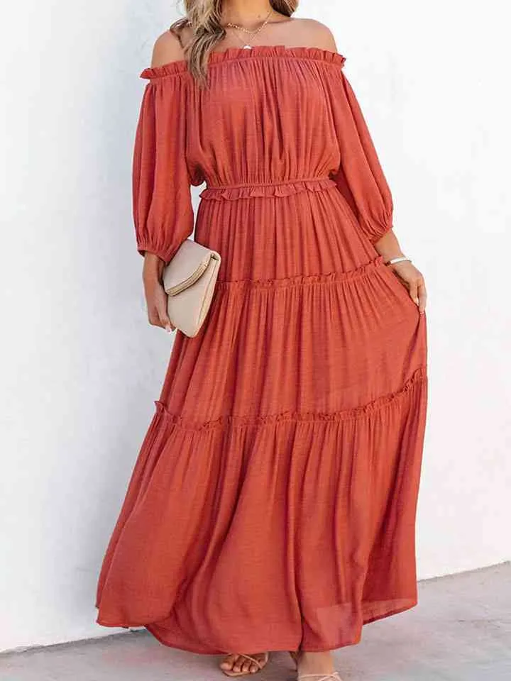 Fiesta Flame Off Shoulder Ruffle Maxi Dress