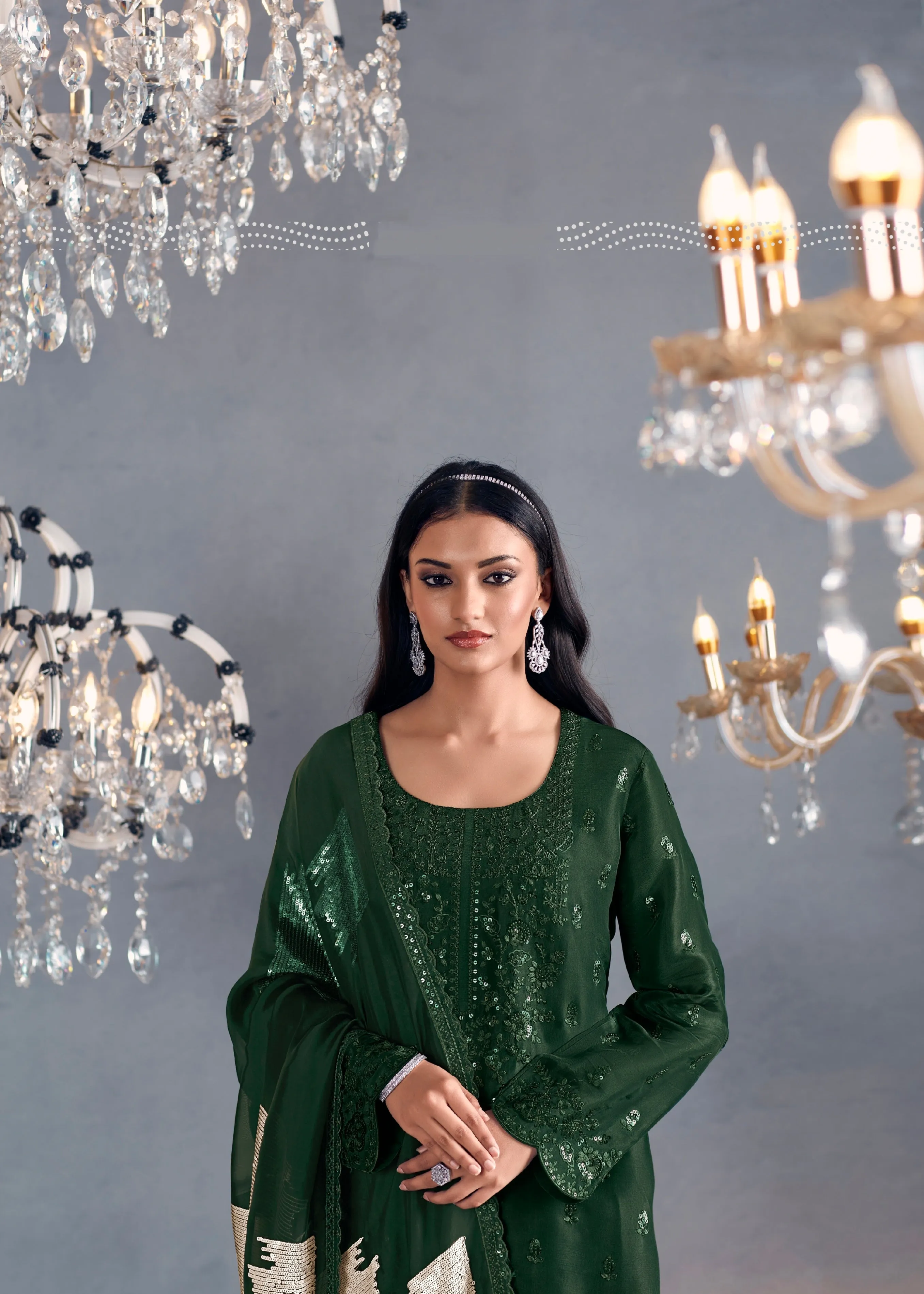 Forest Green Straight Suit with Embroidered Organza Dupatta