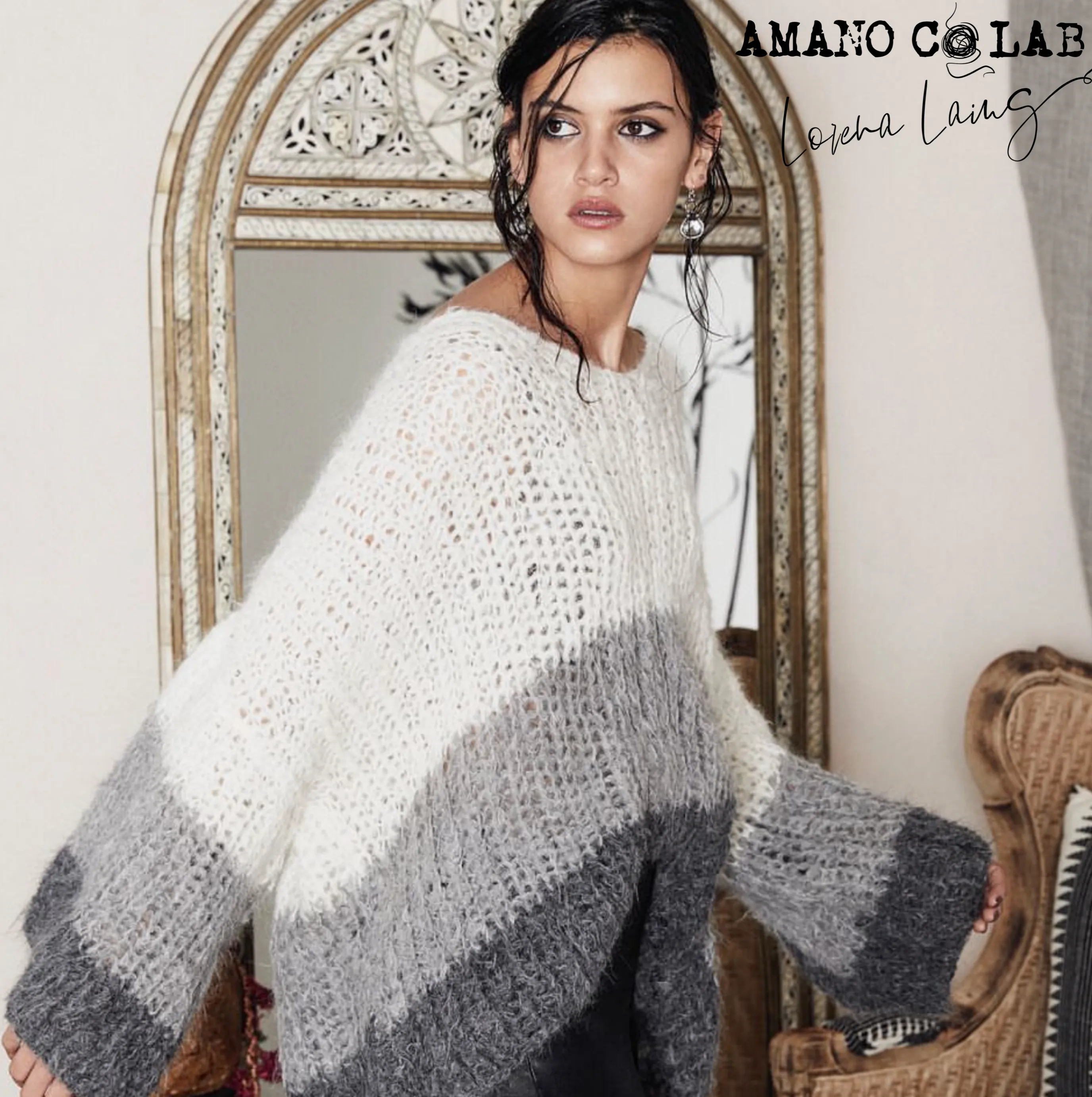 Hand knit alpaca V neck sweater with tri stripe