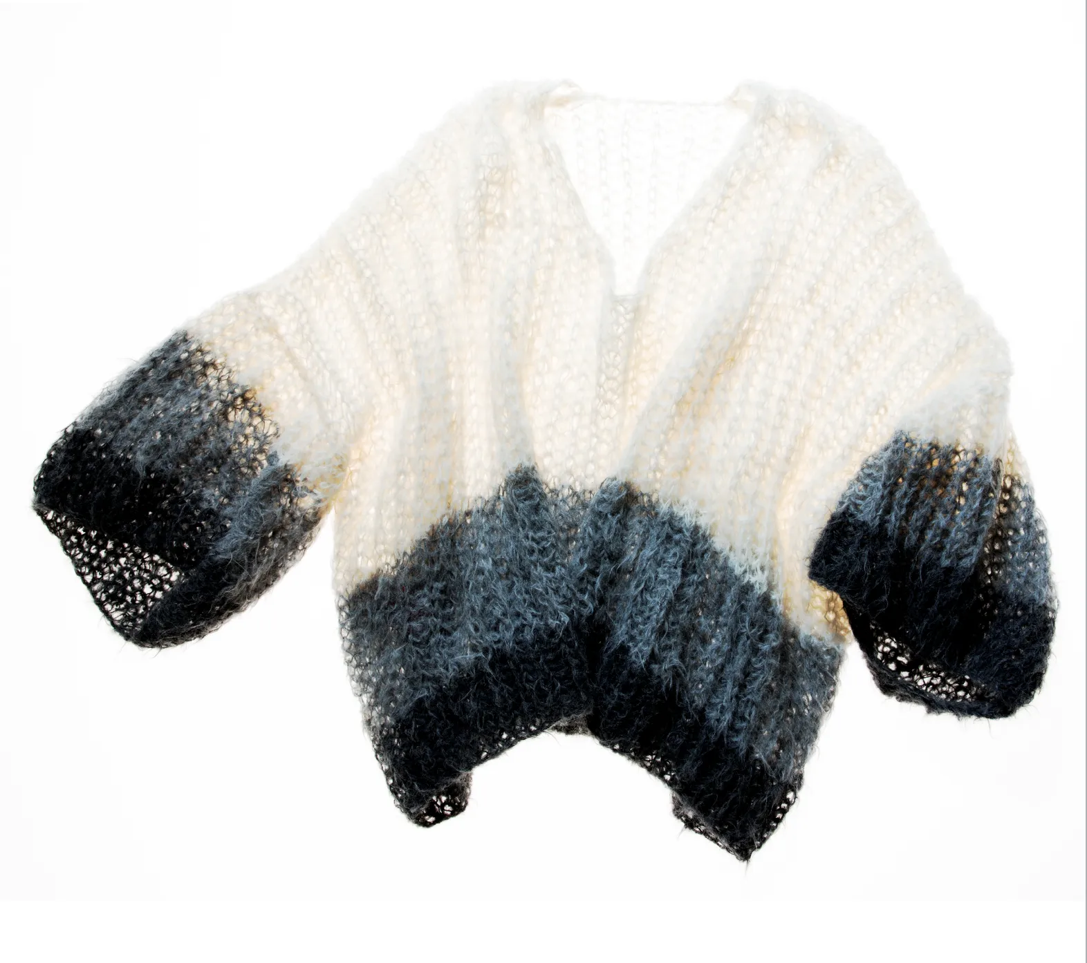 Hand knit alpaca V neck sweater with tri stripe