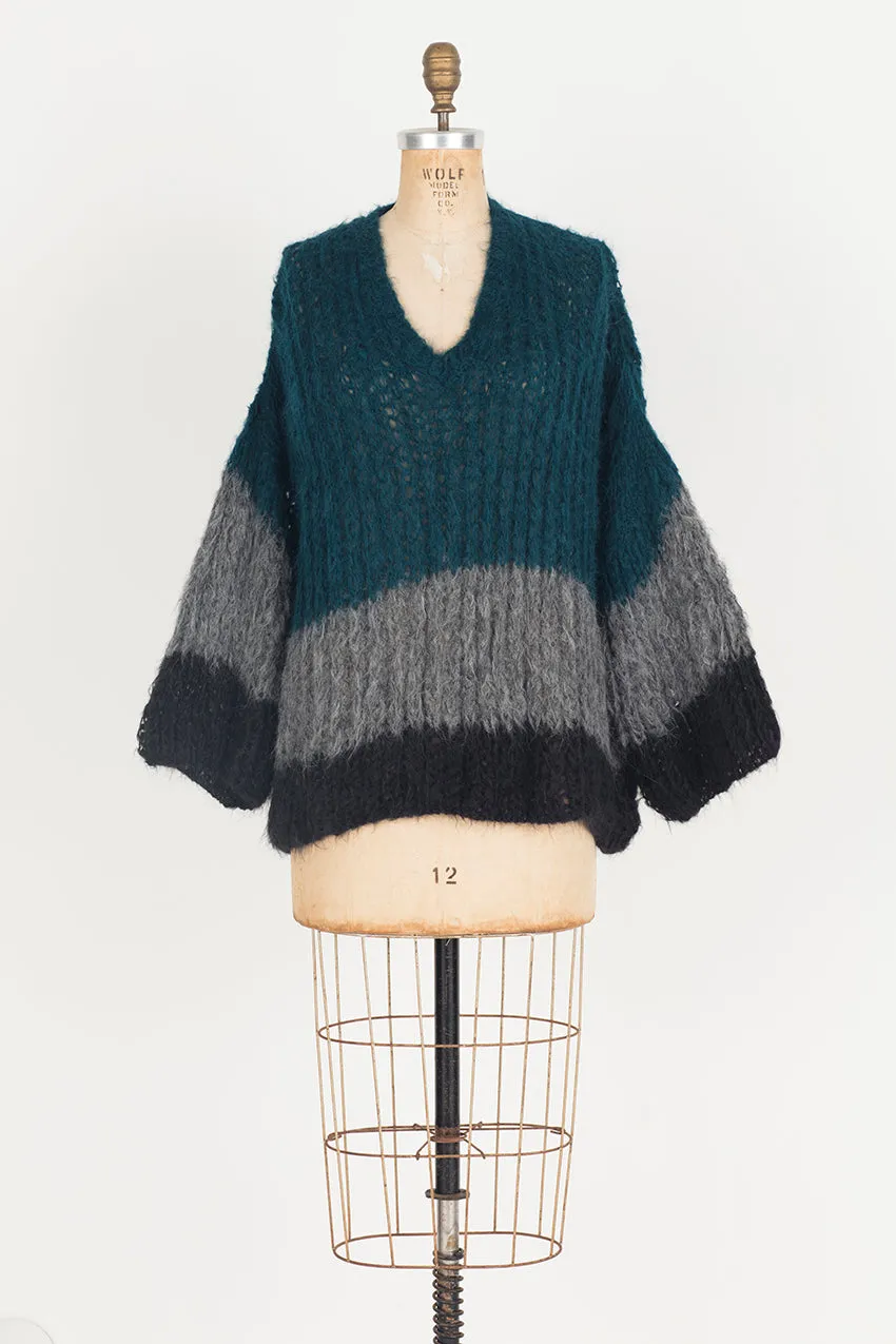 Hand knit alpaca V neck sweater with tri stripe