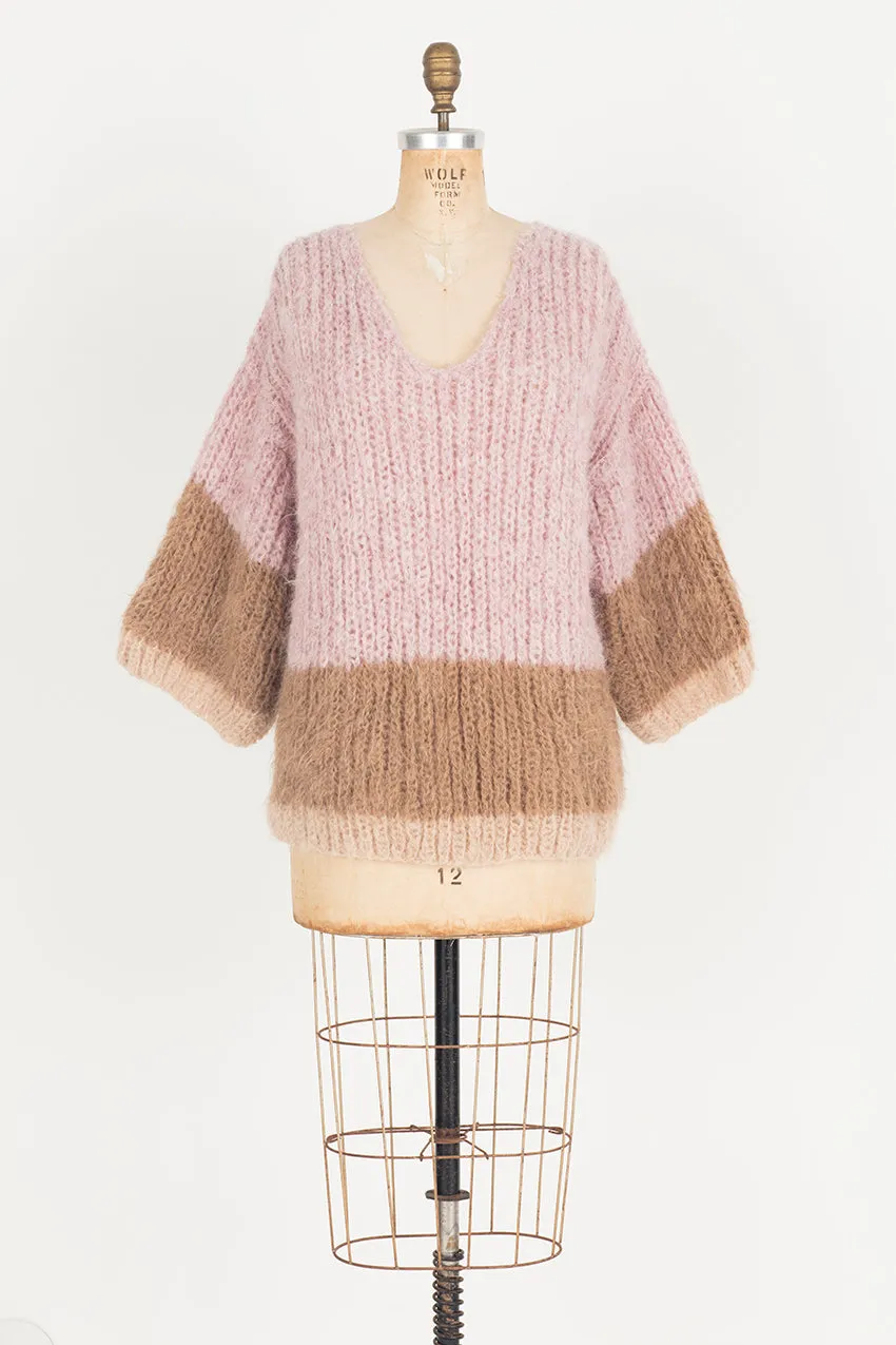 Hand knit alpaca V neck sweater with tri stripe