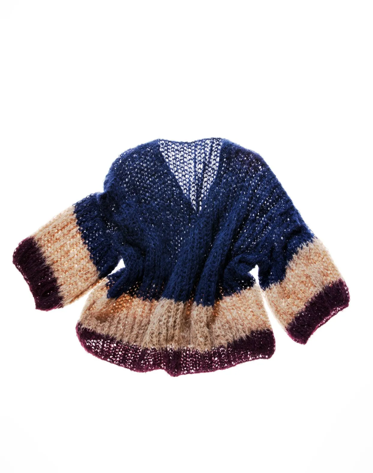 Hand knit alpaca V neck sweater with tri stripe