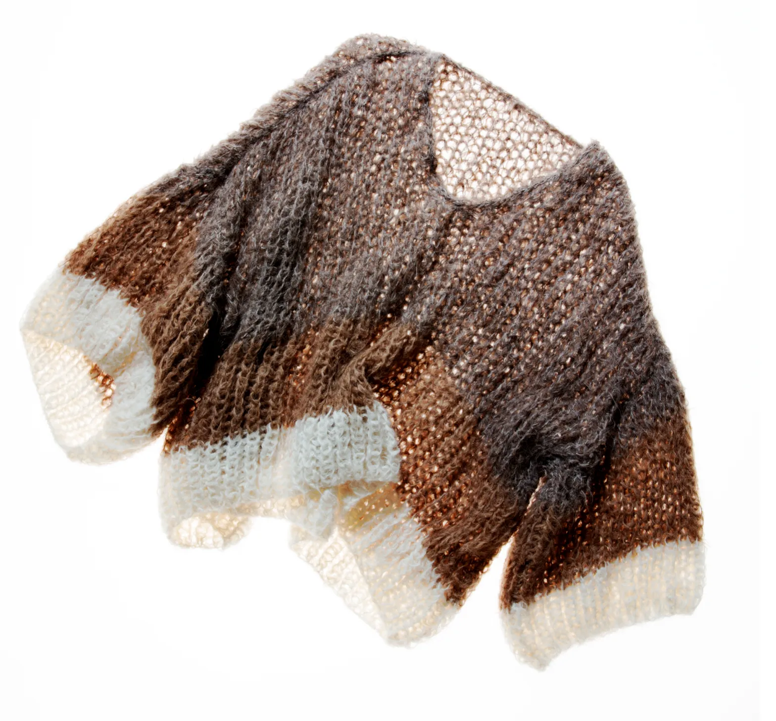 Hand knit alpaca V neck sweater with tri stripe
