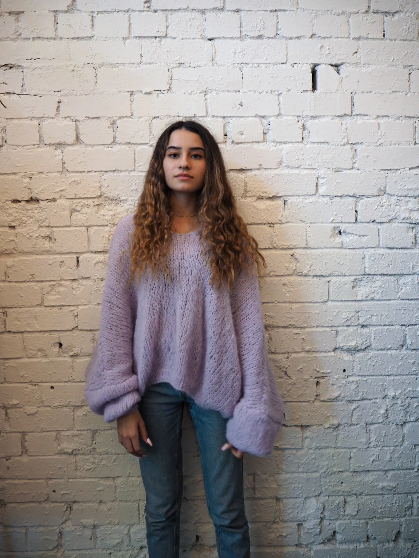 Hand knit batwing sweater V neck (Alpaca) - Camel