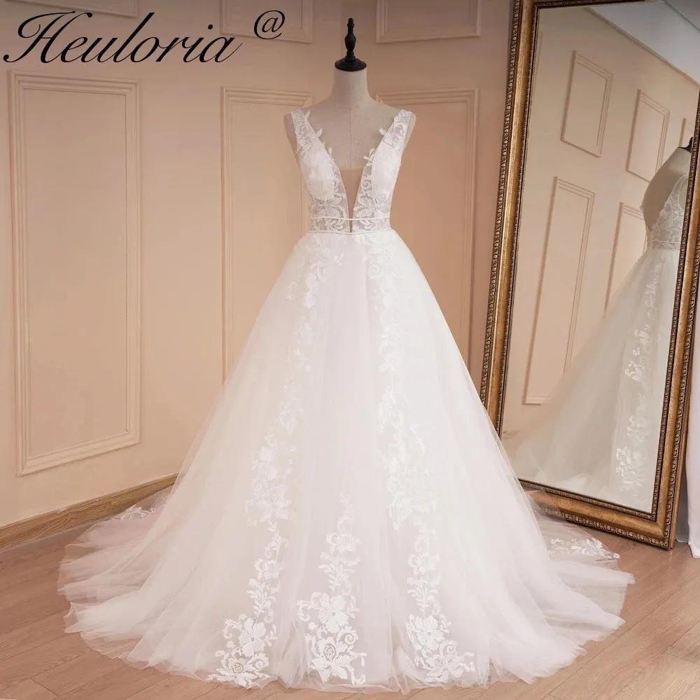 HEULORIA lace applique V neck wedding dress A line long train elegant Princess bridal gown Robe De Mariee Bride Dress