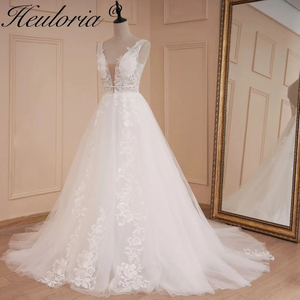 HEULORIA lace applique V neck wedding dress A line long train elegant Princess bridal gown Robe De Mariee Bride Dress