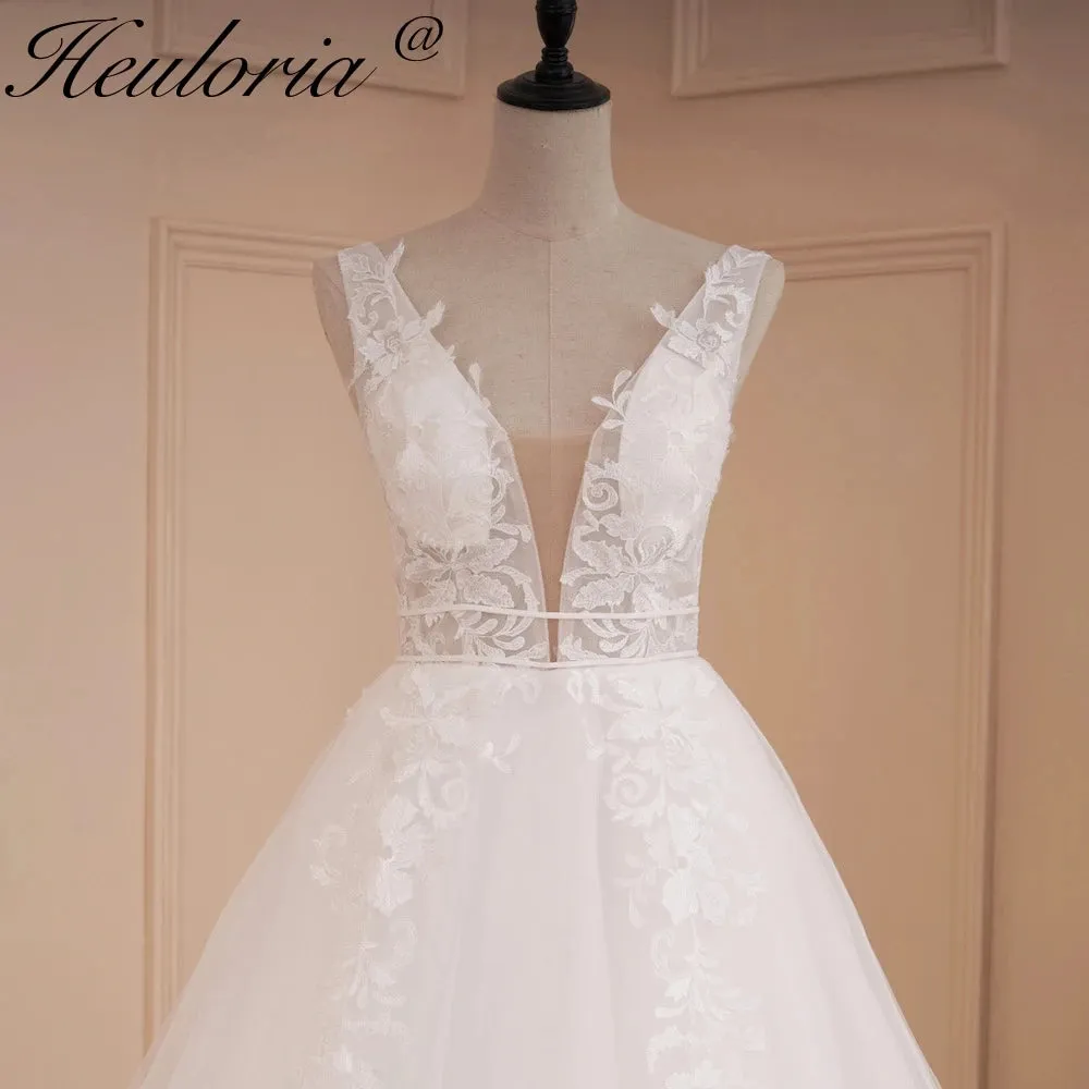 HEULORIA lace applique V neck wedding dress A line long train elegant Princess bridal gown Robe De Mariee Bride Dress