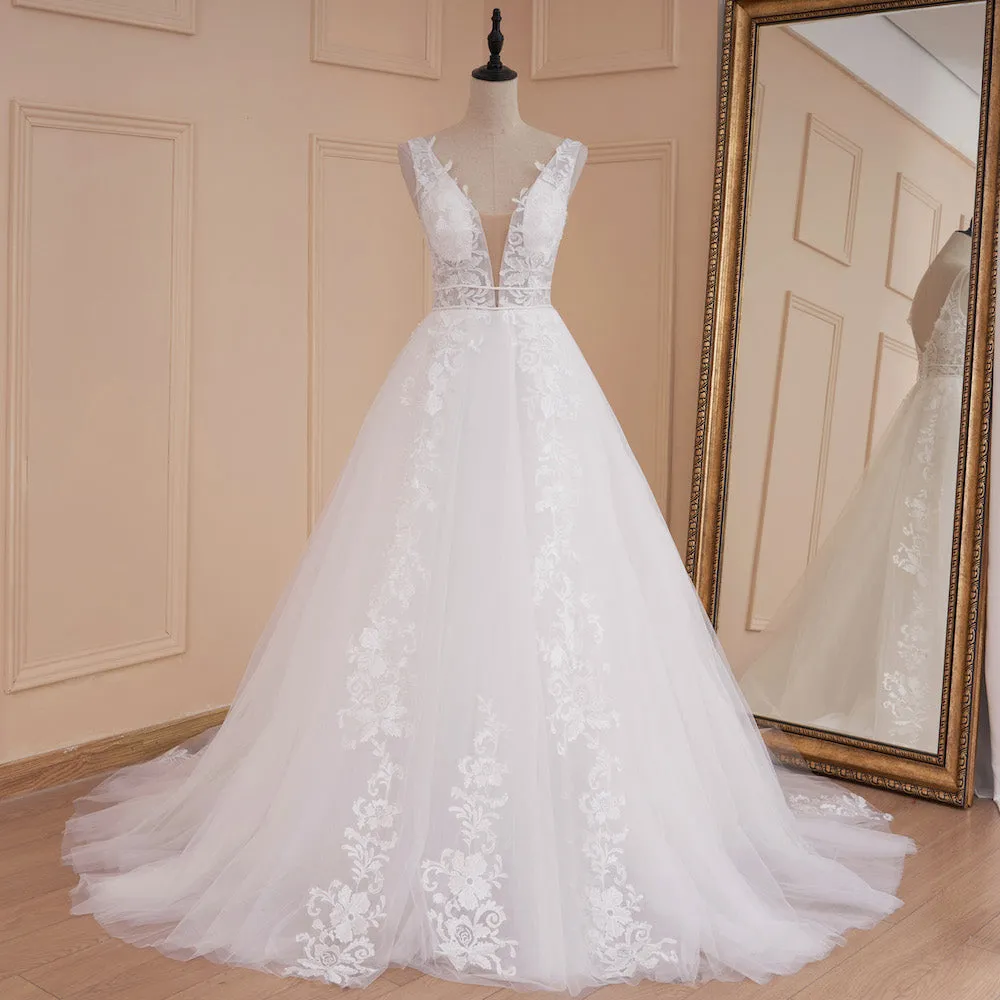 HEULORIA lace applique V neck wedding dress A line long train elegant Princess bridal gown Robe De Mariee Bride Dress