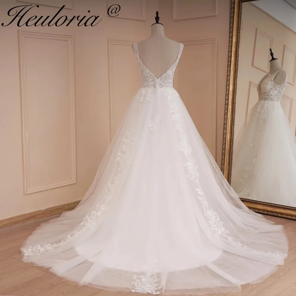HEULORIA lace applique V neck wedding dress A line long train elegant Princess bridal gown Robe De Mariee Bride Dress