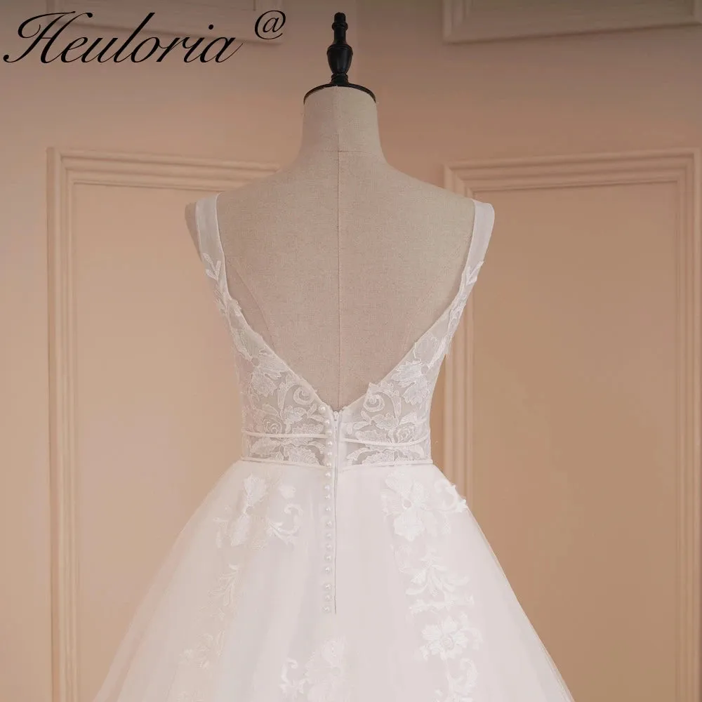 HEULORIA lace applique V neck wedding dress A line long train elegant Princess bridal gown Robe De Mariee Bride Dress