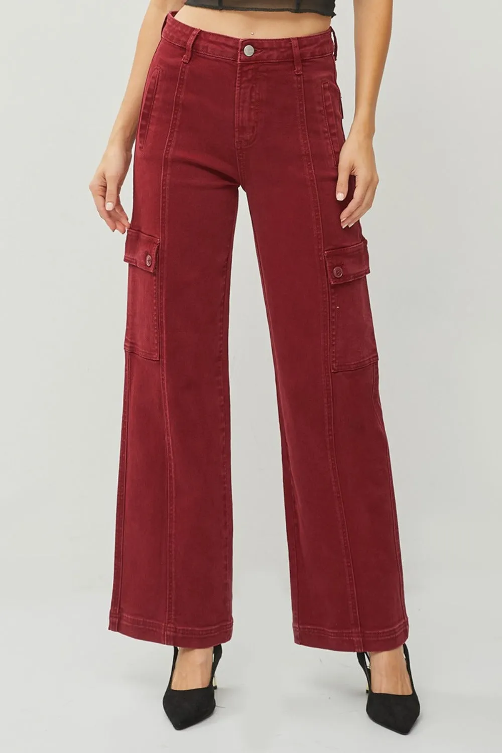 High-Rise Wide Leg Cargo Jeans in Deep Red