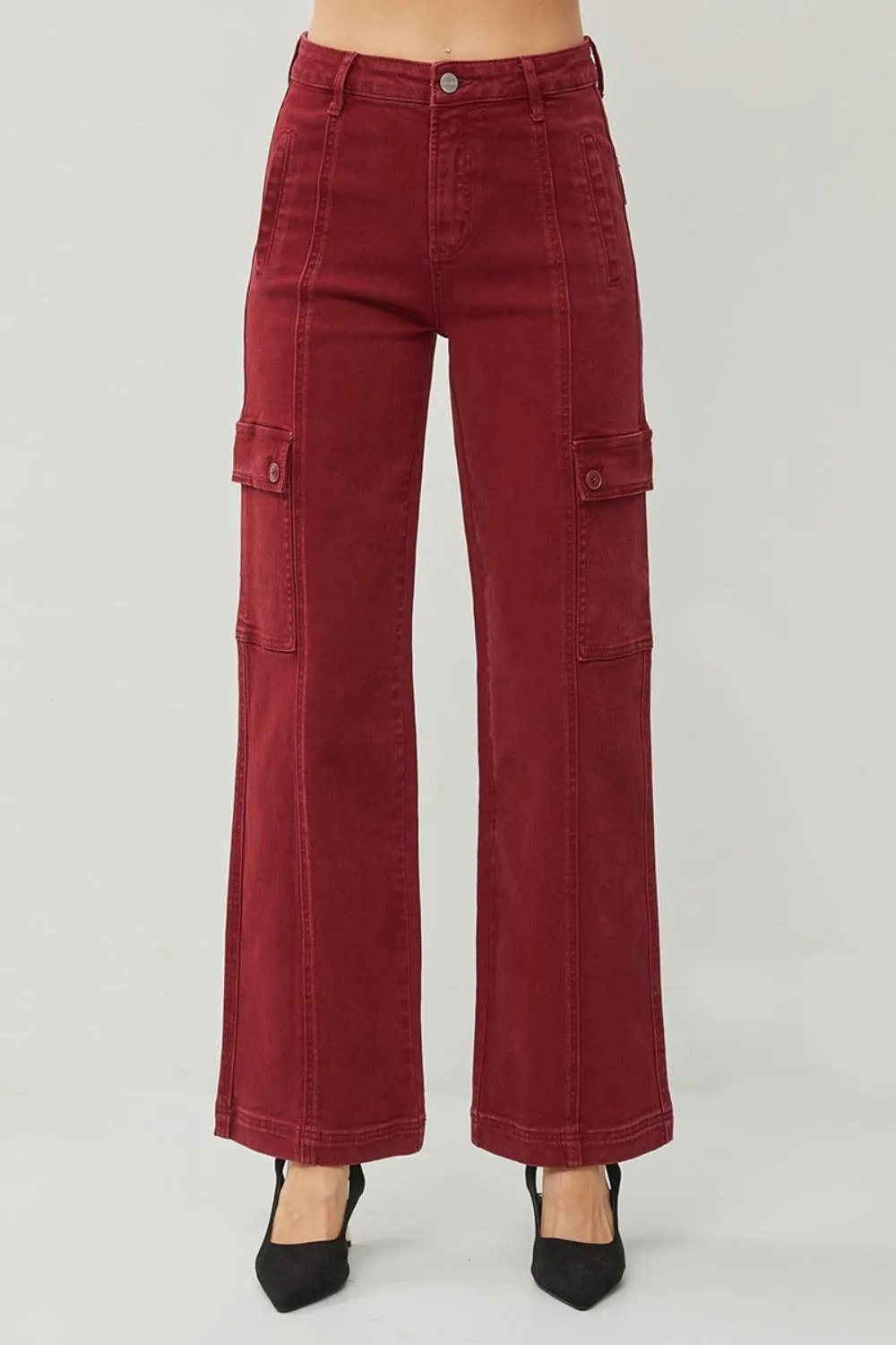 High-Rise Wide Leg Cargo Jeans in Deep Red