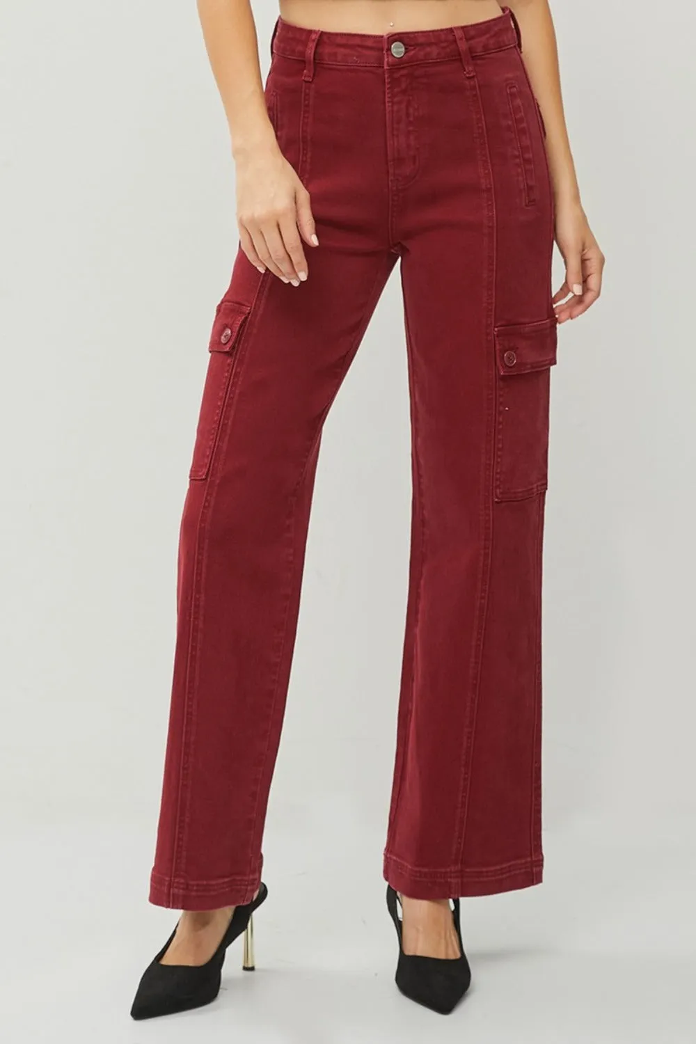 High-Rise Wide Leg Cargo Jeans in Deep Red
