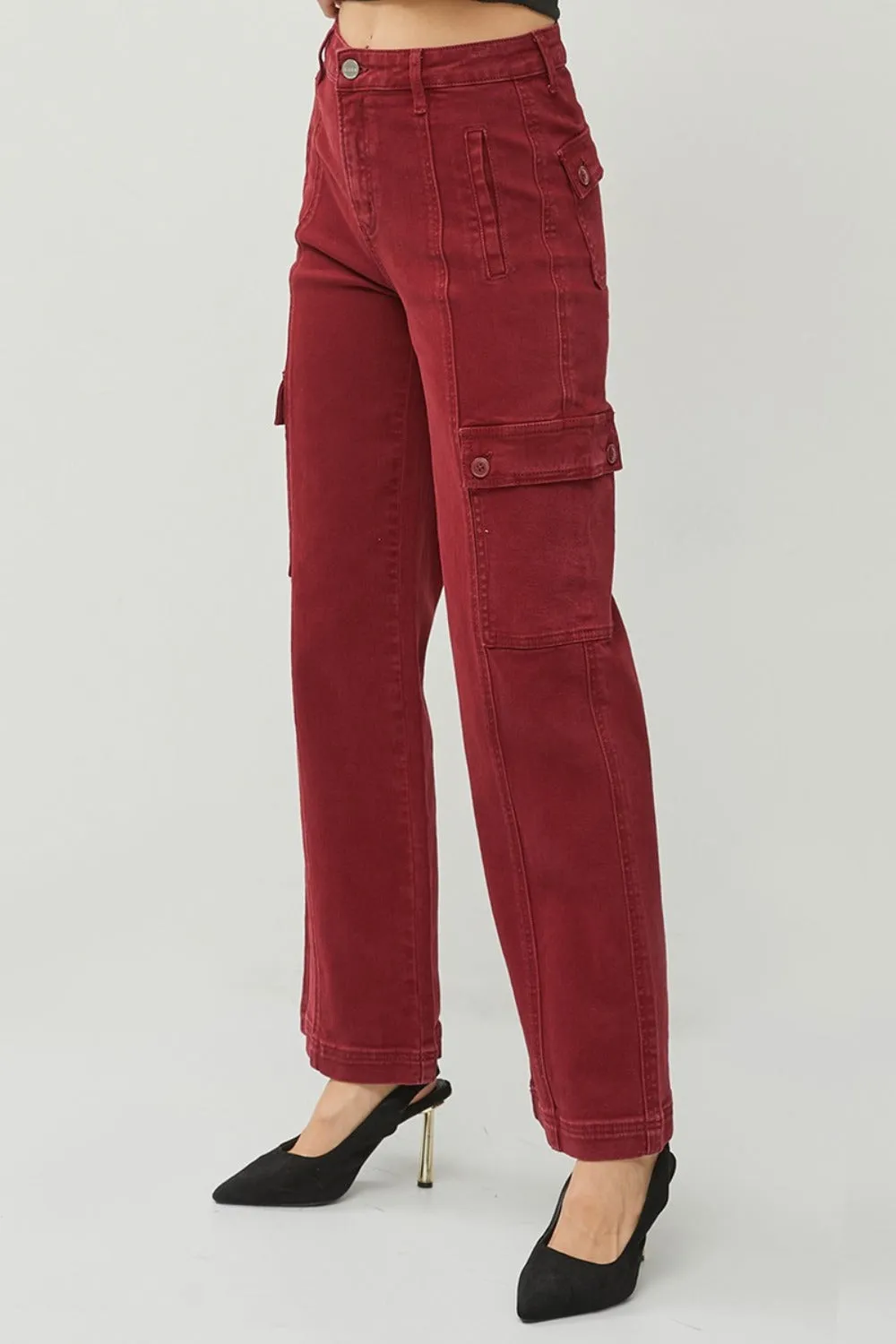 High-Rise Wide Leg Cargo Jeans in Deep Red