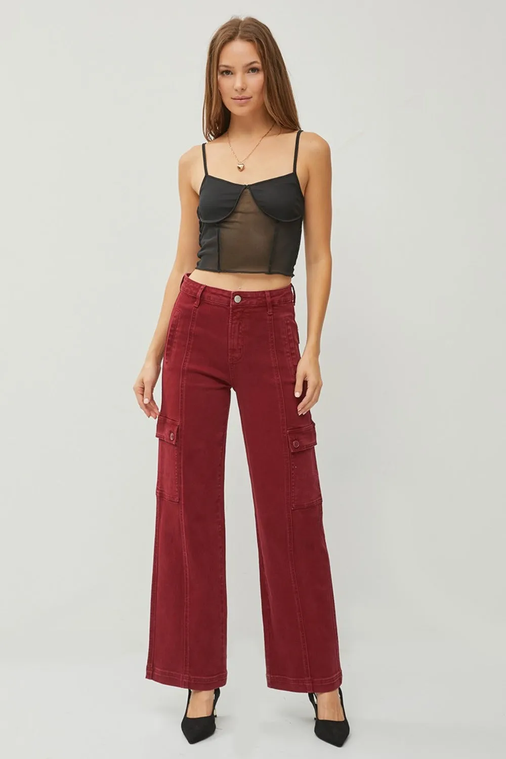 High-Rise Wide Leg Cargo Jeans in Deep Red