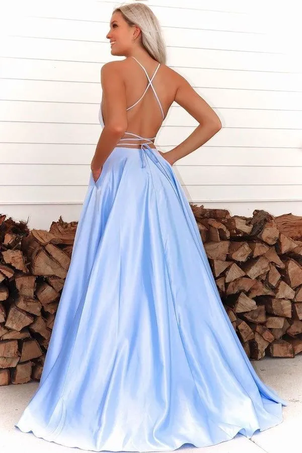 High Slit Spaghetti Straps Royal Blue Long Prom Dress PG750