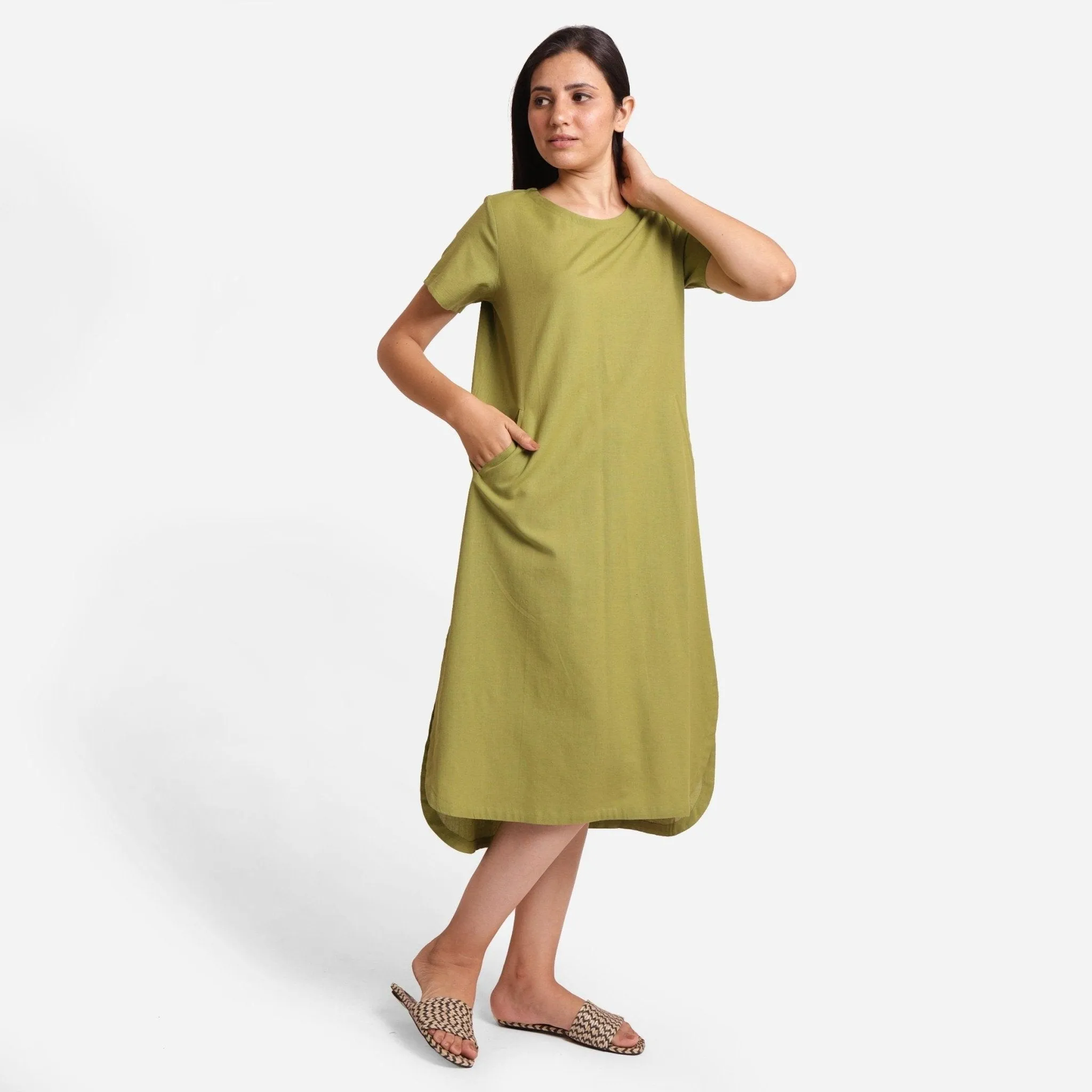 Khakhi Green Cotton Flax High-Low Midi Shift Dress
