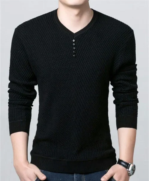 Men's V-Neck Long Sleeve Solid Color Pullover