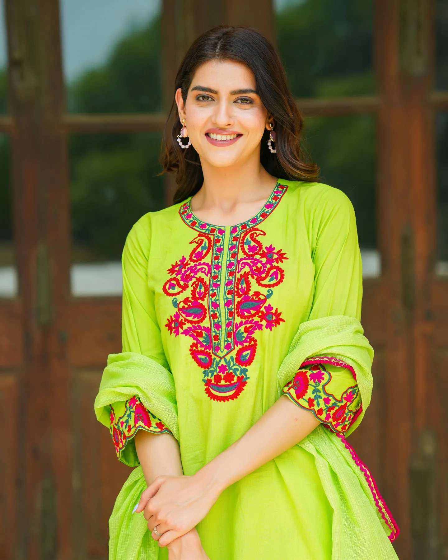 Neon Green Cotton Aari Suit Set