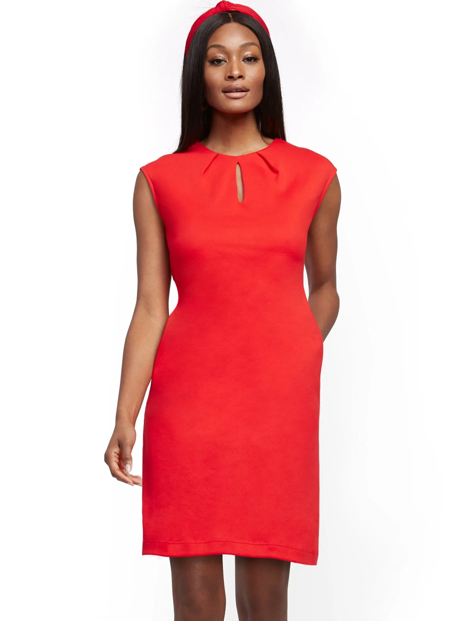Petite Pleated Cotton Keyhole Shift Dress