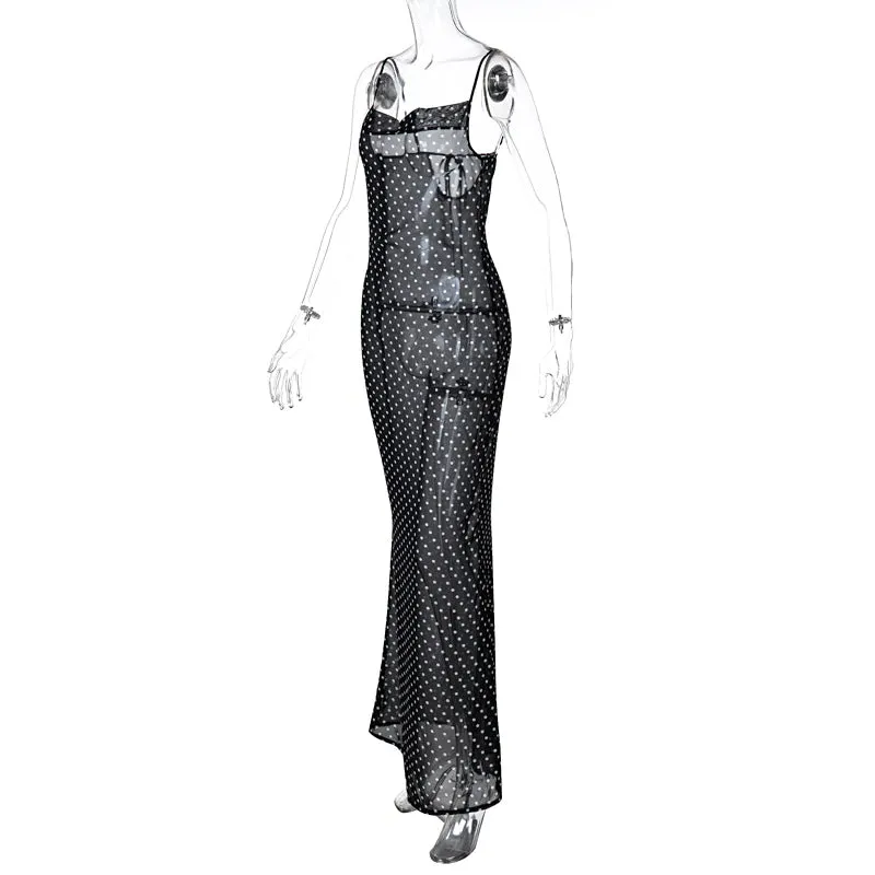 Spaghetti Strap Polka Dot Mesh Backless Maxi Dress