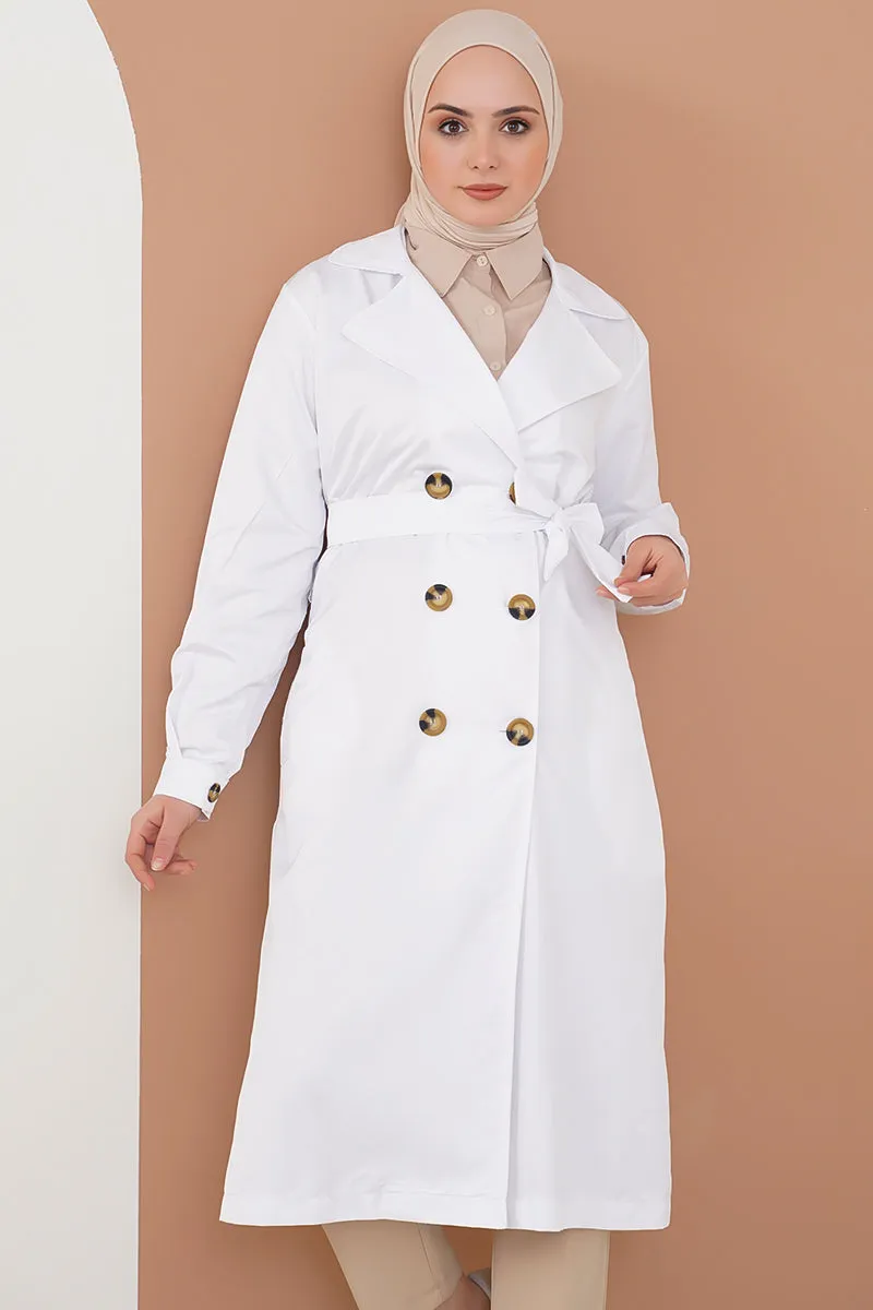 Three-Button Double-Breasted Trench Coat - White