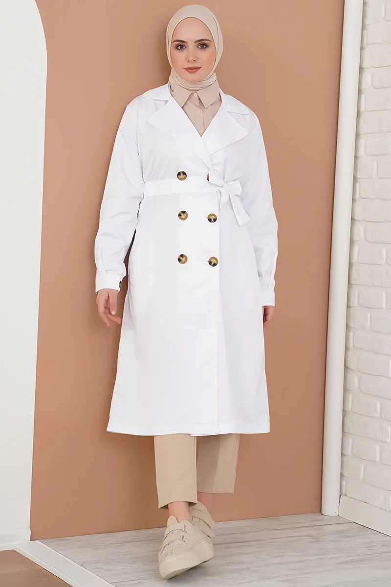 Three-Button Double-Breasted Trench Coat - White