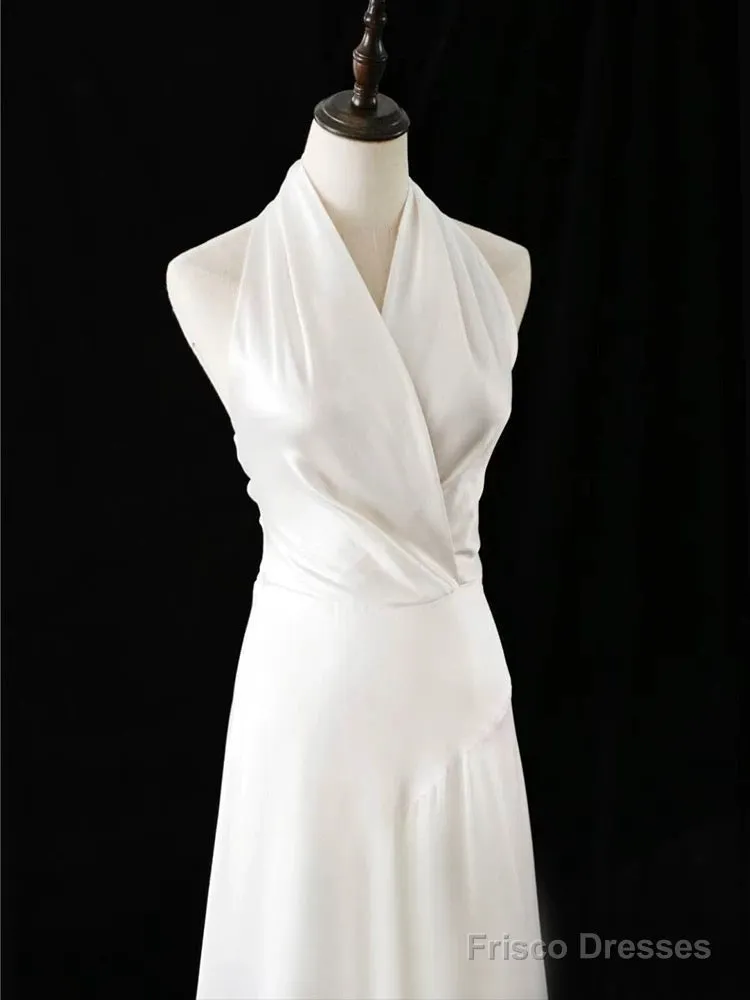 Timeless A Line Halter Satin White Wedding Dresses Brides Dress