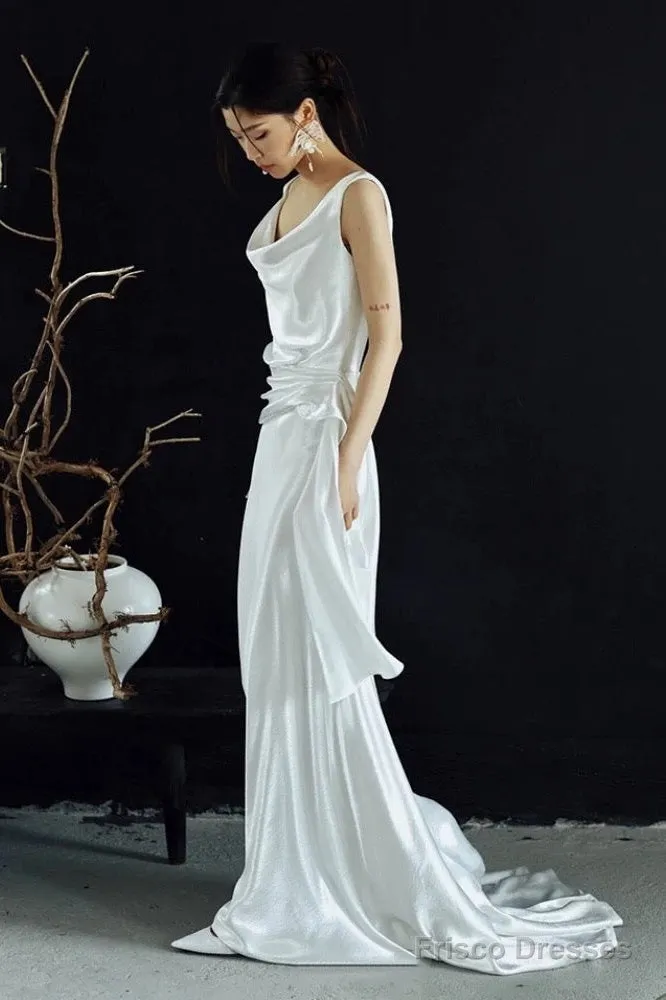 Timeless A Line Straps White Satin Long Wedding Dresses Bridal Dress