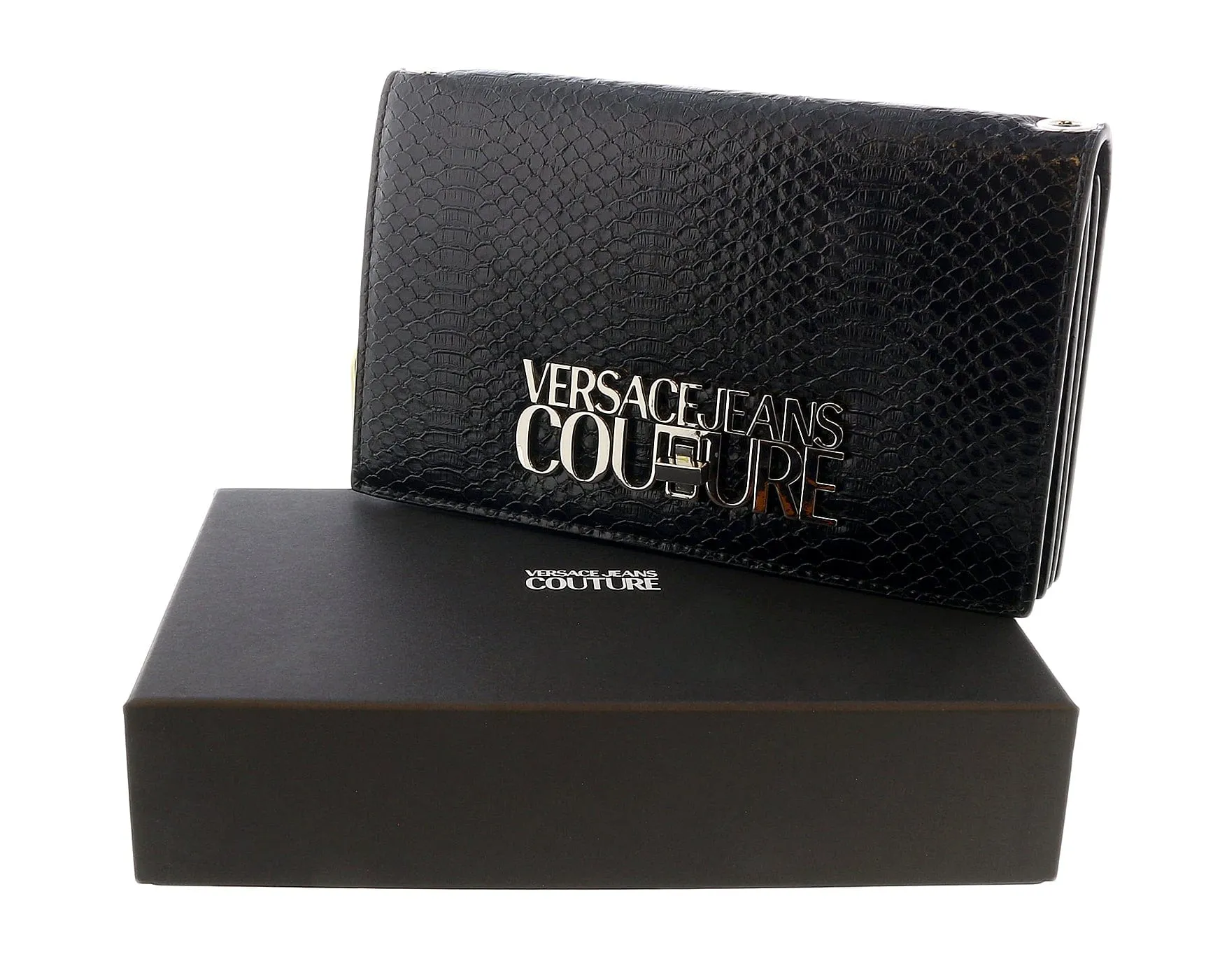 Versace Jeans Couture Black Snake Embossed Continental Wallet on a Chain