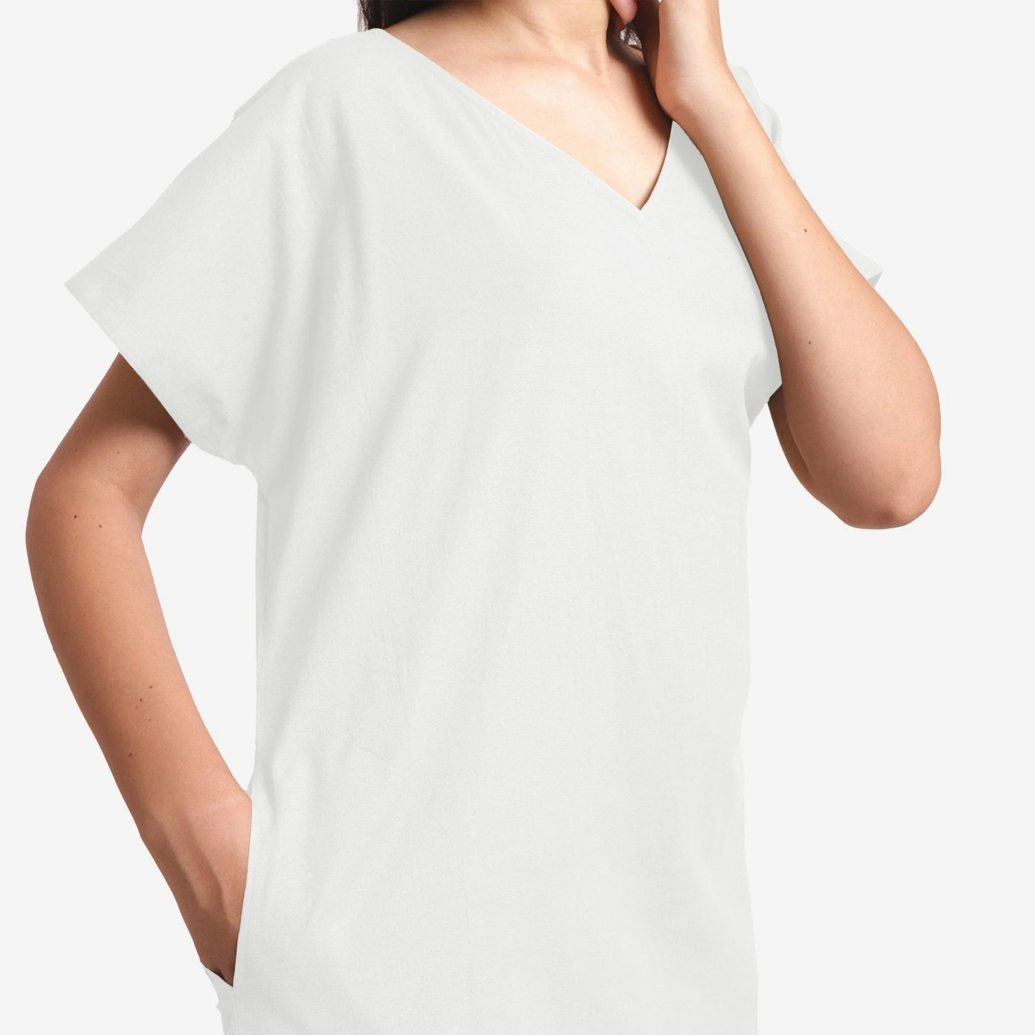 White Cotton Flax V-Neck Short Shift Tunic
