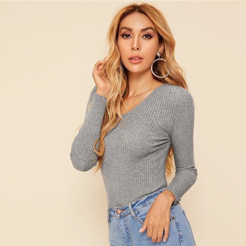 Women's Autumn Casual V-Neck Slim Stretchy Pullover