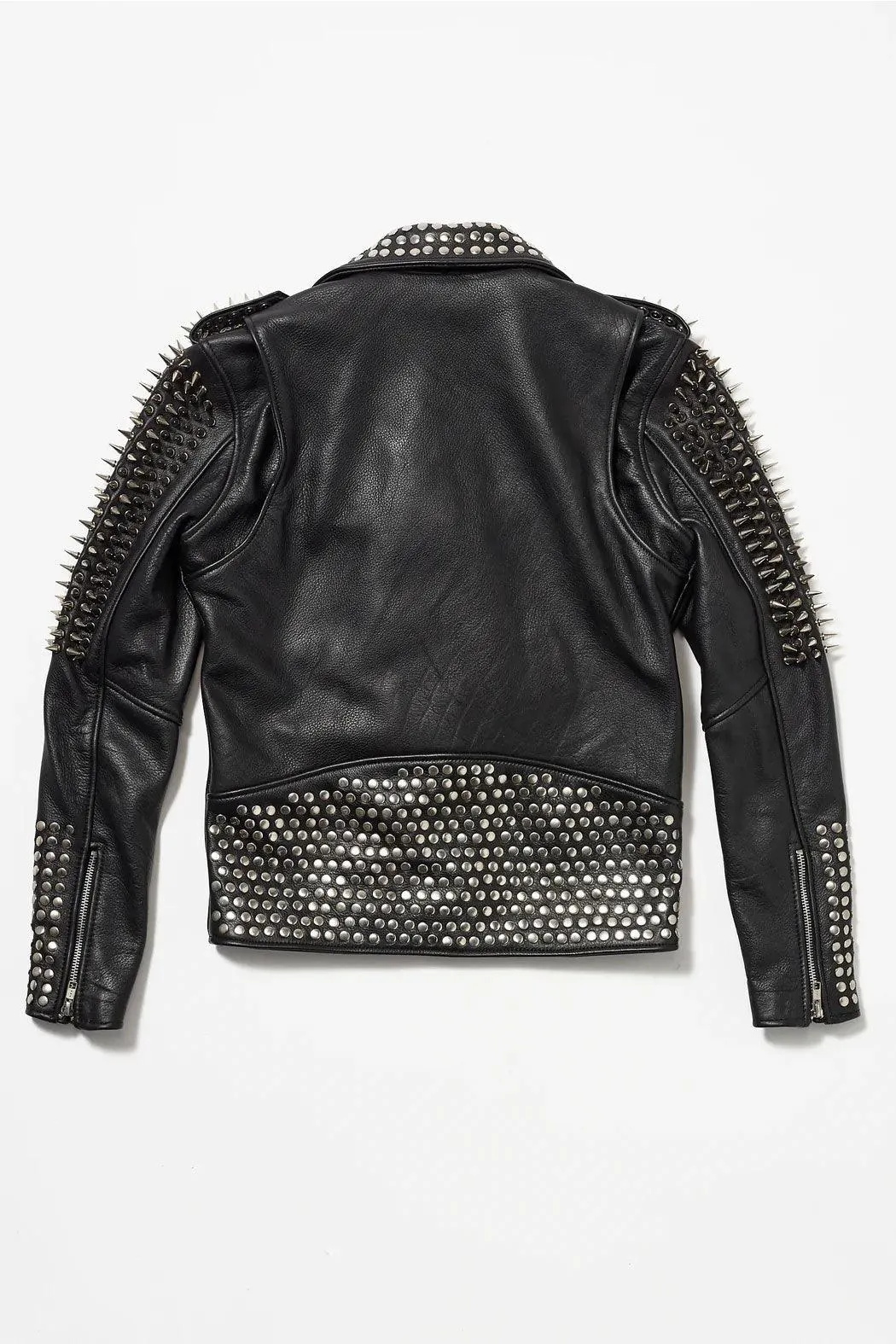 Women's Black Punk Silver Long Spiked Studded Black Leather Jacket