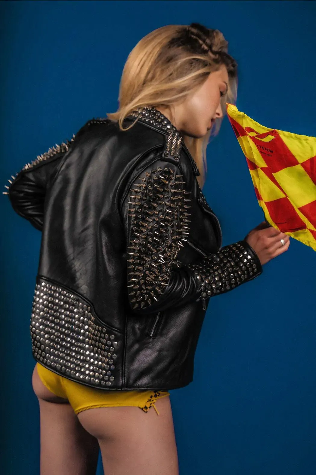 Women's Black Punk Silver Long Spiked Studded Black Leather Jacket