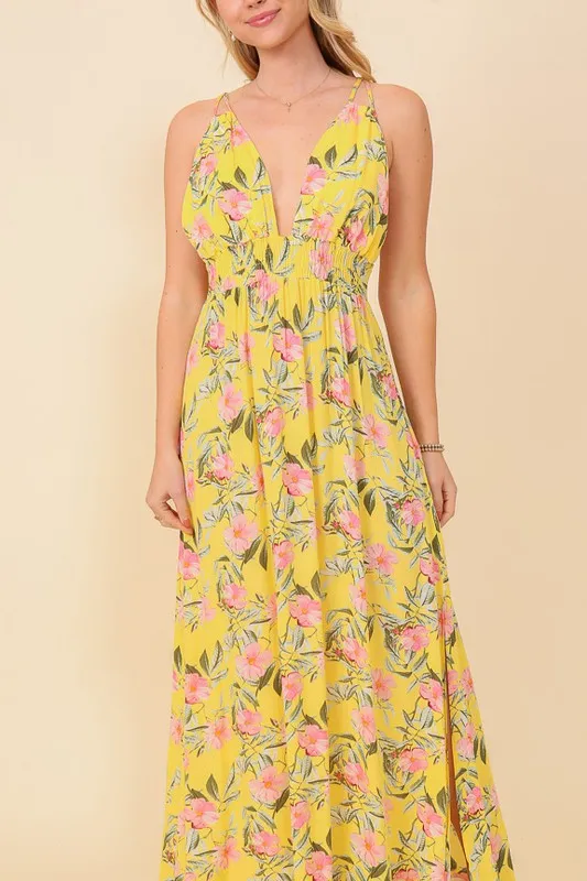 Yellow Sleeveless Floral Print Maxi Dress